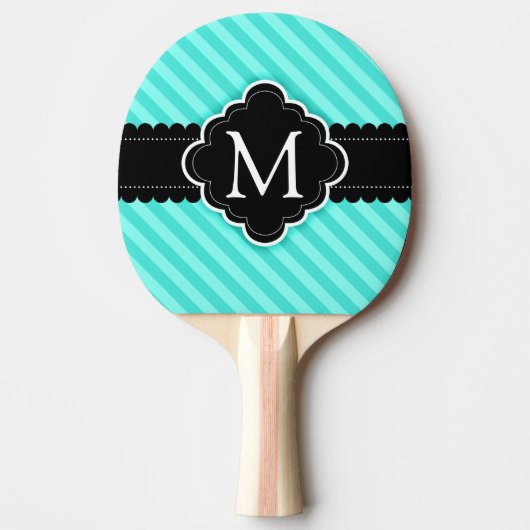 Aqua Blue Stripes Pattern Black Aangepast monogram Tafeltennisbatje (Voorkant)