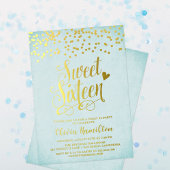 Aqua Blue Sweet 16 Gold Confetti Folie Folie Uitnodiging