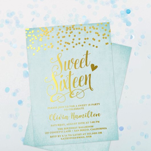 Aqua Blue Sweet 16 Gold Confetti Folie Folie Uitnodiging