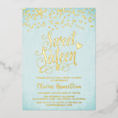 Aqua Blue Sweet 16 Gold Confetti Folie Folie Uitnodiging (Voorkant)