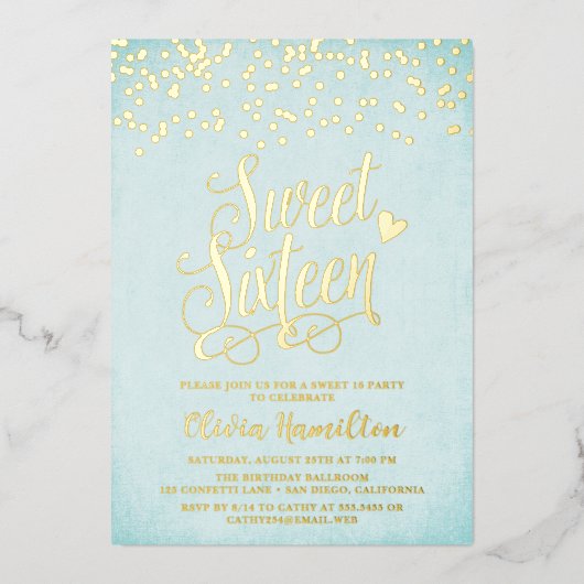Aqua Blue Sweet 16 Gold Confetti Folie Folie Uitnodiging (Voorkant)