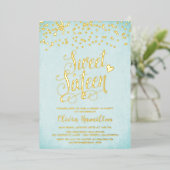 Aqua Blue Sweet 16 Gold Confetti Folie Folie Uitnodiging (Staand Voorkant)