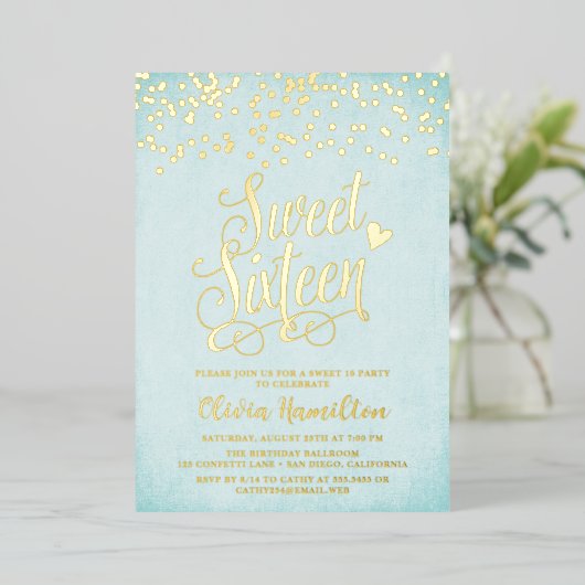 Aqua Blue Sweet 16 Gold Confetti Folie Folie Uitnodiging (Staand Voorkant)