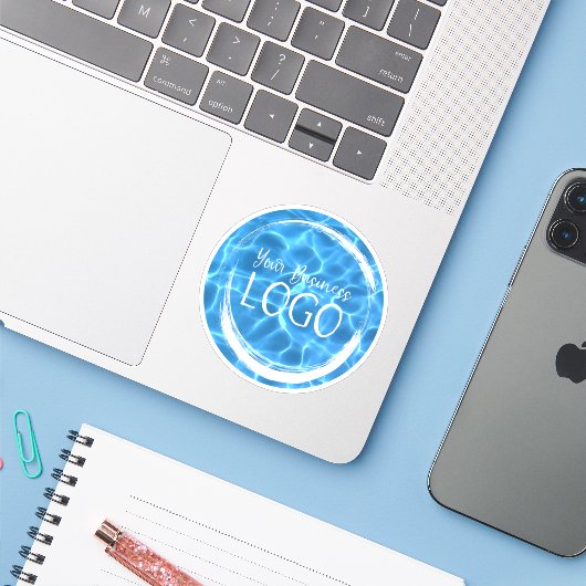 Aqua Blue Swimming Pool Business Logo Circle Sticker (Laptop met iPhone)