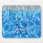 Aqua Blue Swimming Pool Glitter Drip Monogram Muismat (Voorkant)