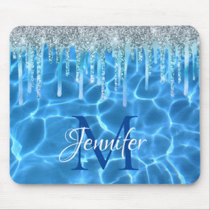 Aqua Blue Swimming Pool Glitter Drip Monogram Muismat