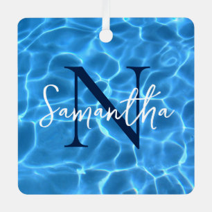 Aqua Blue Swimming Pool Photo Monogrammed Metalen Ornament