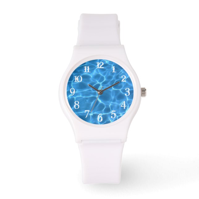 Aqua Blue Swimming Pool Photo White Splash Numbers Horloge (Voorkant)