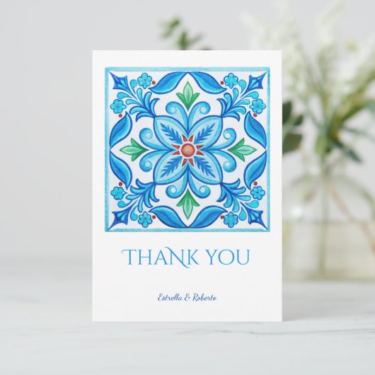 Aqua Blue  Talavera tegels bruiloft Bedankkaart (Staand voorkant)