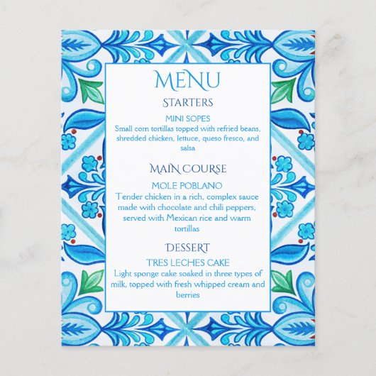 Aqua Blue Talavera tegels huwelijksmenu (Voorkant)
