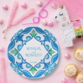 Aqua Blue Talavera tegels monogrammen bruiloft Papieren Bordje (Feest)