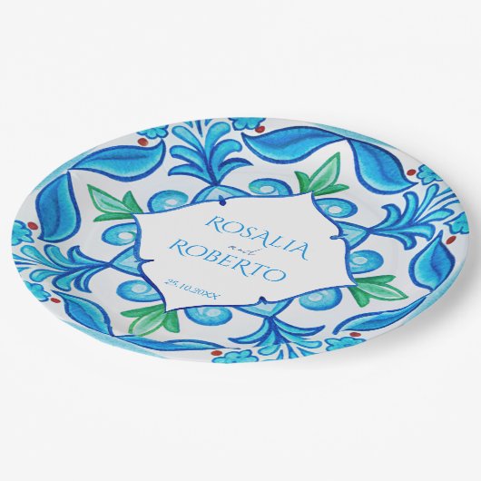 Aqua Blue Talavera tegels monogrammen bruiloft Papieren Bordje (Gekanteld)
