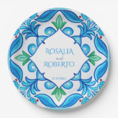 Aqua Blue Talavera tegels monogrammen bruiloft Papieren Bordje (Voorkant)