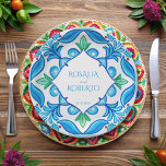 Aqua Blue Talavera tegels monogrammen bruiloft Papieren Bordje<br><div class="desc">Trouwmenu kaarten Mexican Talavera monogrammed bruiloft papier borden sjabloon Aqua Blue Azulejo Talavera Spaans Mexicaanse tegels Elegante bruiloft borden,  levendige gedurfde kleuren aangepaste papieren borden gepersonaliseerde bruiloft receptie decor gepersonaliseerde borden</div>