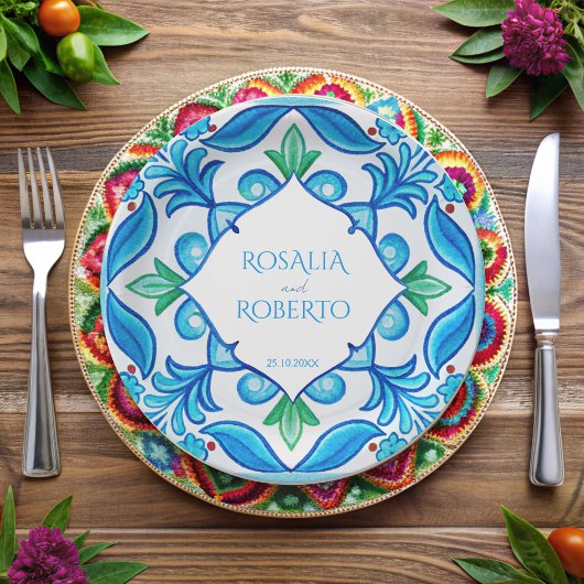 Aqua Blue Talavera tegels monogrammen bruiloft Papieren Bordje
