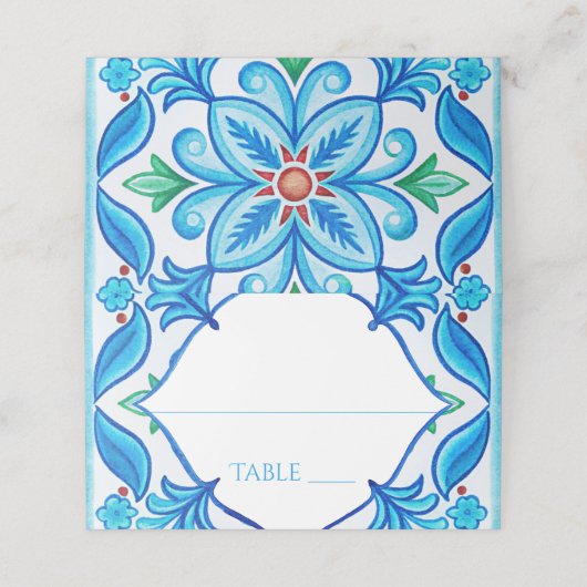 Aqua Blue Talavera tegels monogrammen bruiloft Plaatskaartje (Buitenkant ongevouwen)