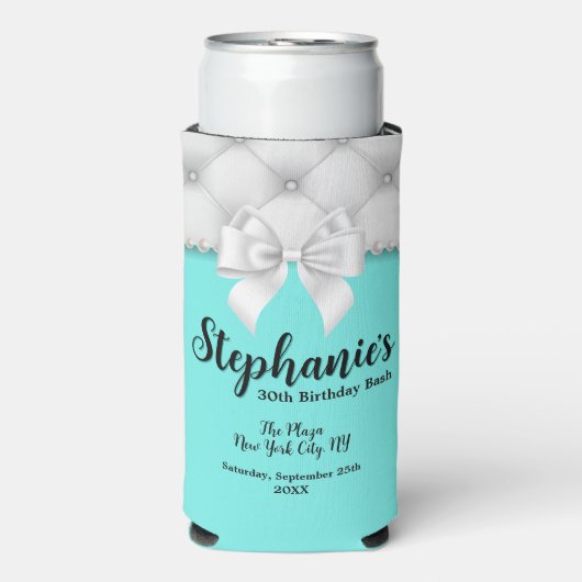 Aqua Blue Tiffany Parels Verjaardagsfeest Keepsake Seltzer Blikjeskoeler (Seltzer Voorkant)