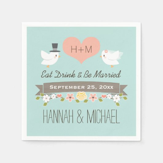 Aqua Blue Tortelduifjes Dove Wedding Servet (Voorkant)