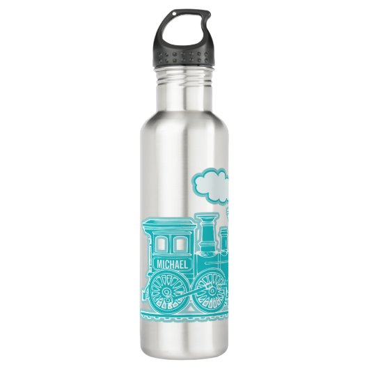 Aqua blue trein kinder volle naam drink fles (Voorkant)