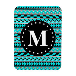 Aqua Blue Tribal Chevron Pattern Monogram Magneet