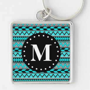 Aqua Blue Tribal Chevron Pattern Monogram Sleutelhanger