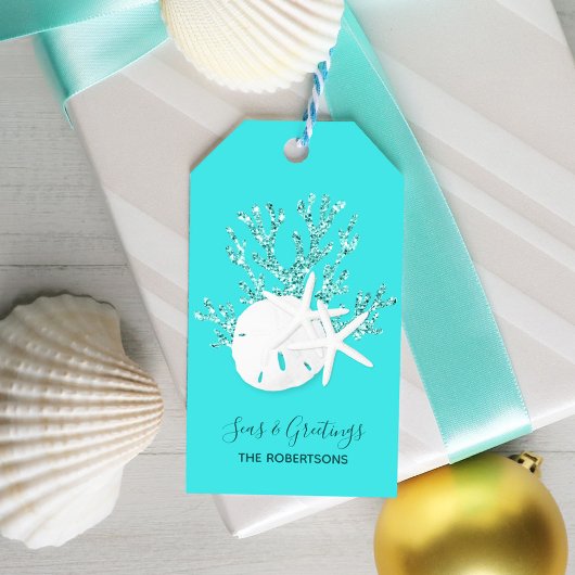 Aqua Blue Tropical Beach Kerstmis Cadeaulabel