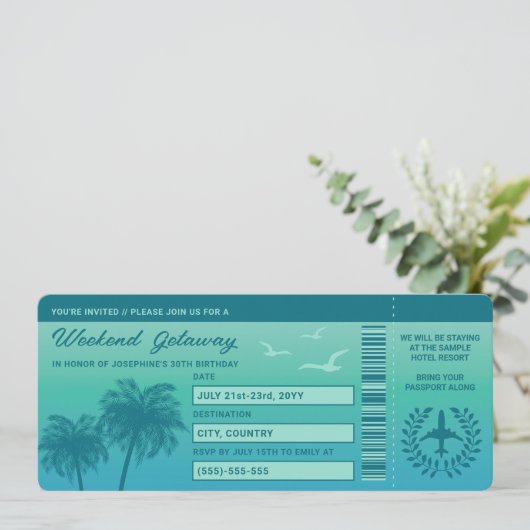 Aqua Blue Tropical Faux Boarding Pass Verjaardag Kaart (Staand voorkant)
