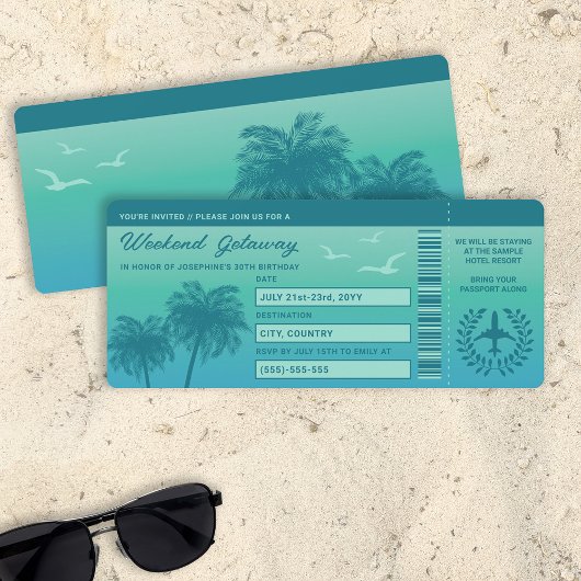 Aqua Blue Tropical Faux Boarding Pass Verjaardag Kaart