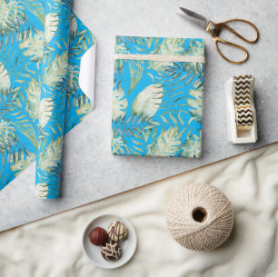 Aqua Blue Tropical Green Leaves Cadeaupapier