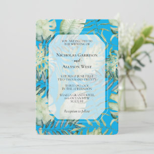 Aqua Blue Tropical Green Leaves Wedding Kaart