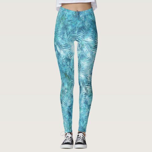 Aqua Blue Tropical Leaves Leggings (Voorkant)