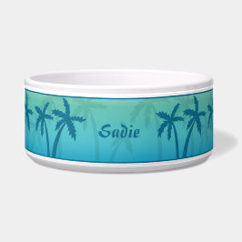 Aqua Blue Tropical Palm Trees en aangepaste naam Voerbakje