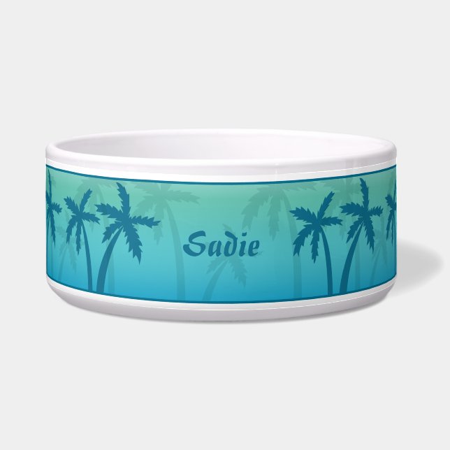 Aqua Blue Tropical Palm Trees en aangepaste naam Voerbakje (Voorkant)