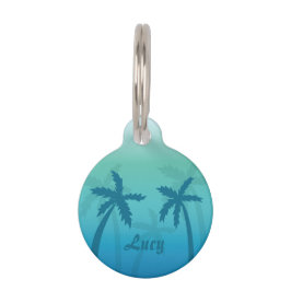 Aqua Blue Tropical Palm Trees met aangepaste naam Huisdierpenning