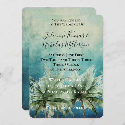 Aqua Blue Tropical Palm Trees Wedding Kaart (Voorkant / Achterkant)