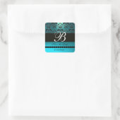 AQUA BLUE TURQUOISE AQUAMARIJN DAMASK MONOGRAM VIERKANTE STICKER (Tas)