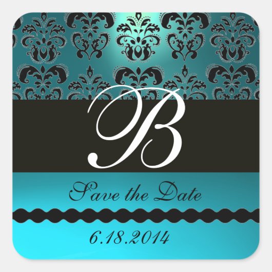 AQUA BLUE TURQUOISE AQUAMARIJN DAMASK MONOGRAM VIERKANTE STICKER (Voorkant)