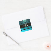 AQUA BLUE TURQUOISE AQUAMARIJN DAMASK MONOGRAM VIERKANTE STICKER (Envelop)