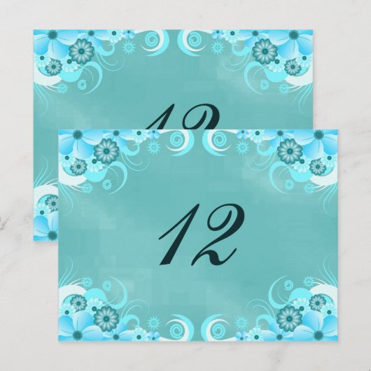 Aqua Blue Turquoise Bloemen Tafel Aantal Kaarten (Voorkant / Achterkant)