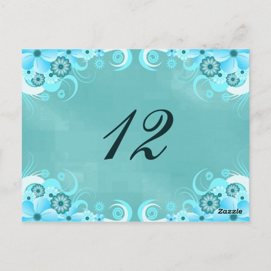 Aqua Blue Turquoise Bloemen Tafel Aantal Kaarten (Achterkant)