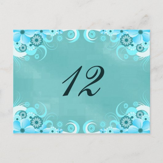 Aqua Blue Turquoise Bloemen Tafel Aantal Kaarten (Voorkant)