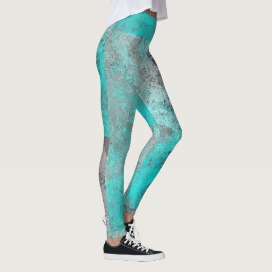 Aqua blue turquoise en grijze abstracte nood leggings (Rechts)