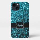 Aqua blue Turquoise faux glitter sparkles Monogram iPhone Hoesje (Achterkant)