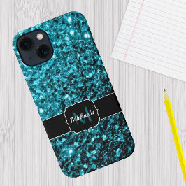 Aqua blue Turquoise faux glitter sparkles Monogram iPhone 13 Hoesje
