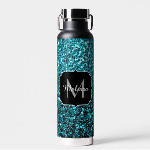 Aqua blue Turquoise faux glitter sparkles Monogram Waterfles