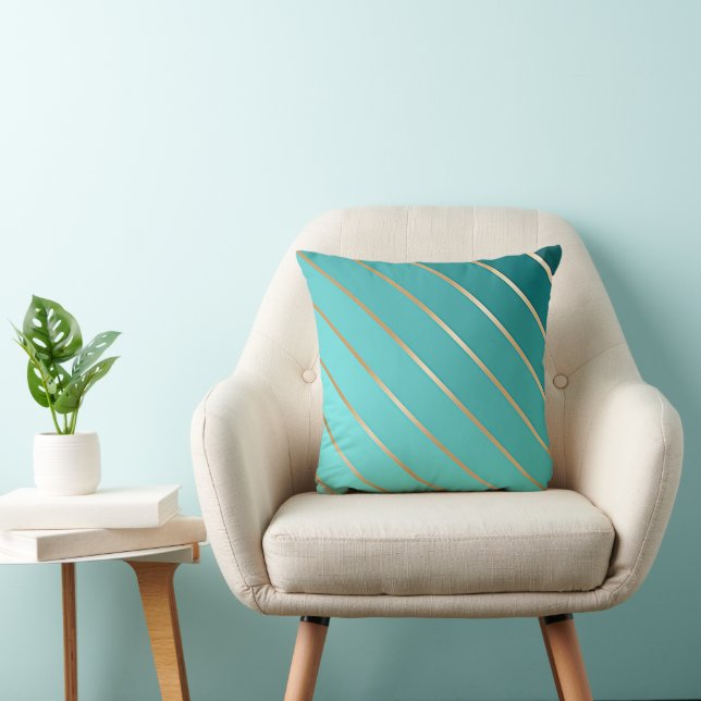 Aqua Blue Turquoise & Gold Stripe Ombre Accent Kussen (Stoel)