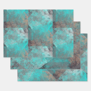 Aqua Blue Turquoise N Grey Distressed Abstract Inpakpapier Vel