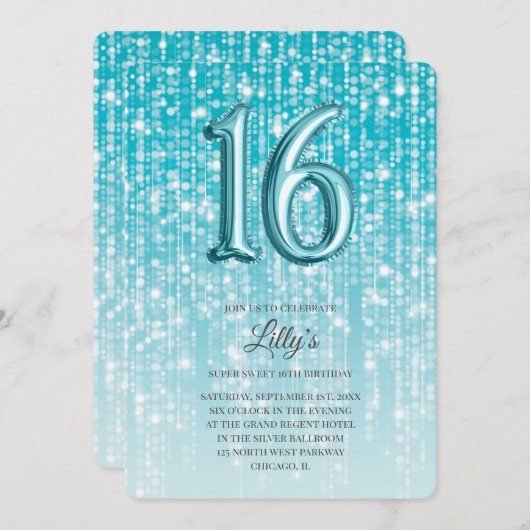 Aqua Blue Twinkle Light Foil Balloon 16th Birthday Kaart (Voorkant / Achterkant)