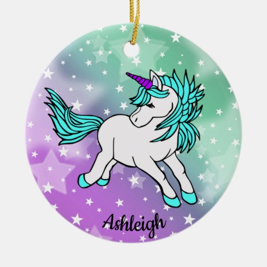 Aqua Blue Unicorn Starry Design Ceramic Ornament (Voorkant)