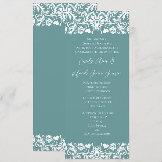 Aqua Blue Vintage Modern Damask Wedding Uitnodigin Kaart (Voorkant / Achterkant)